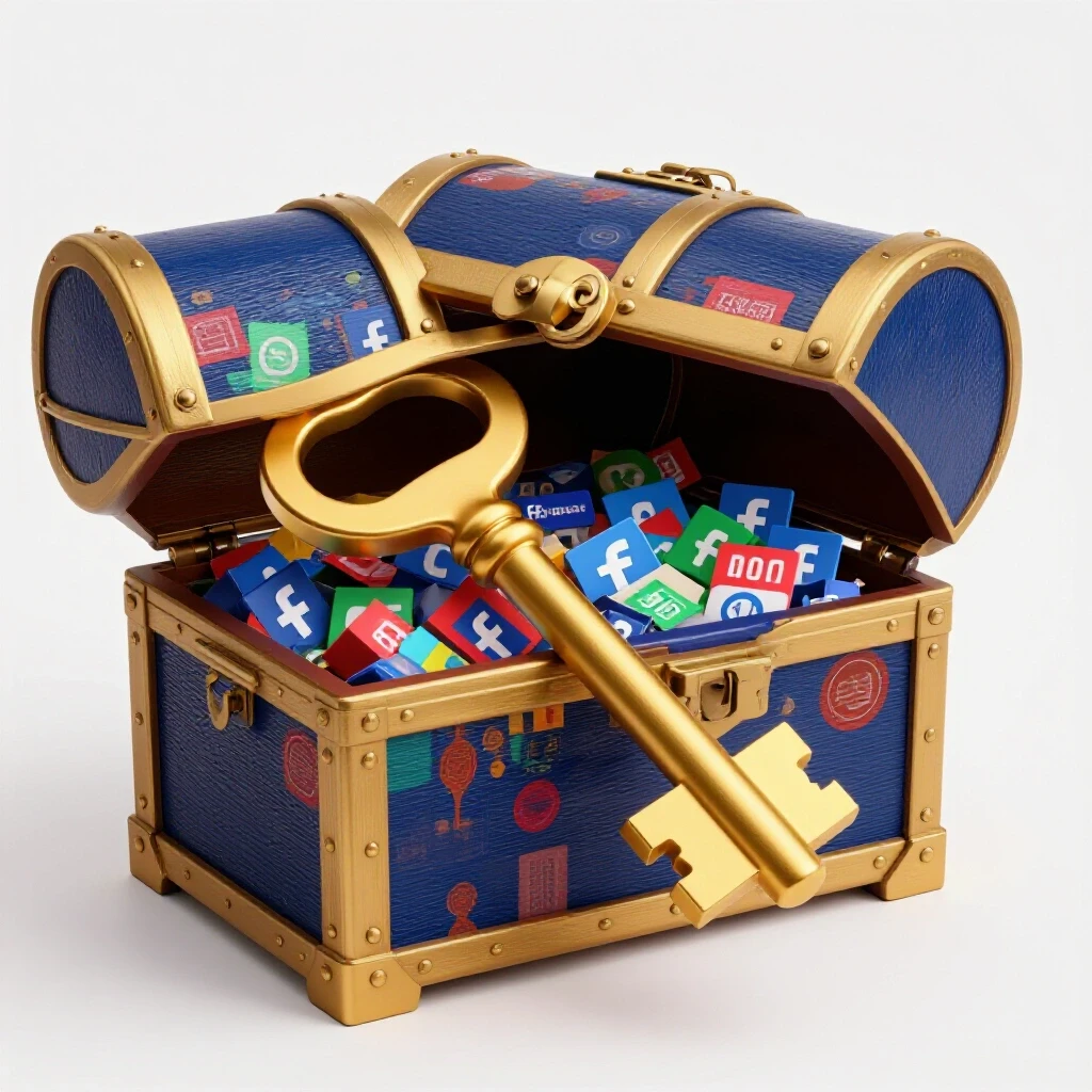 A golden key unlocking a colorful treasure chest full of Facebook ads images, set against a bright background.