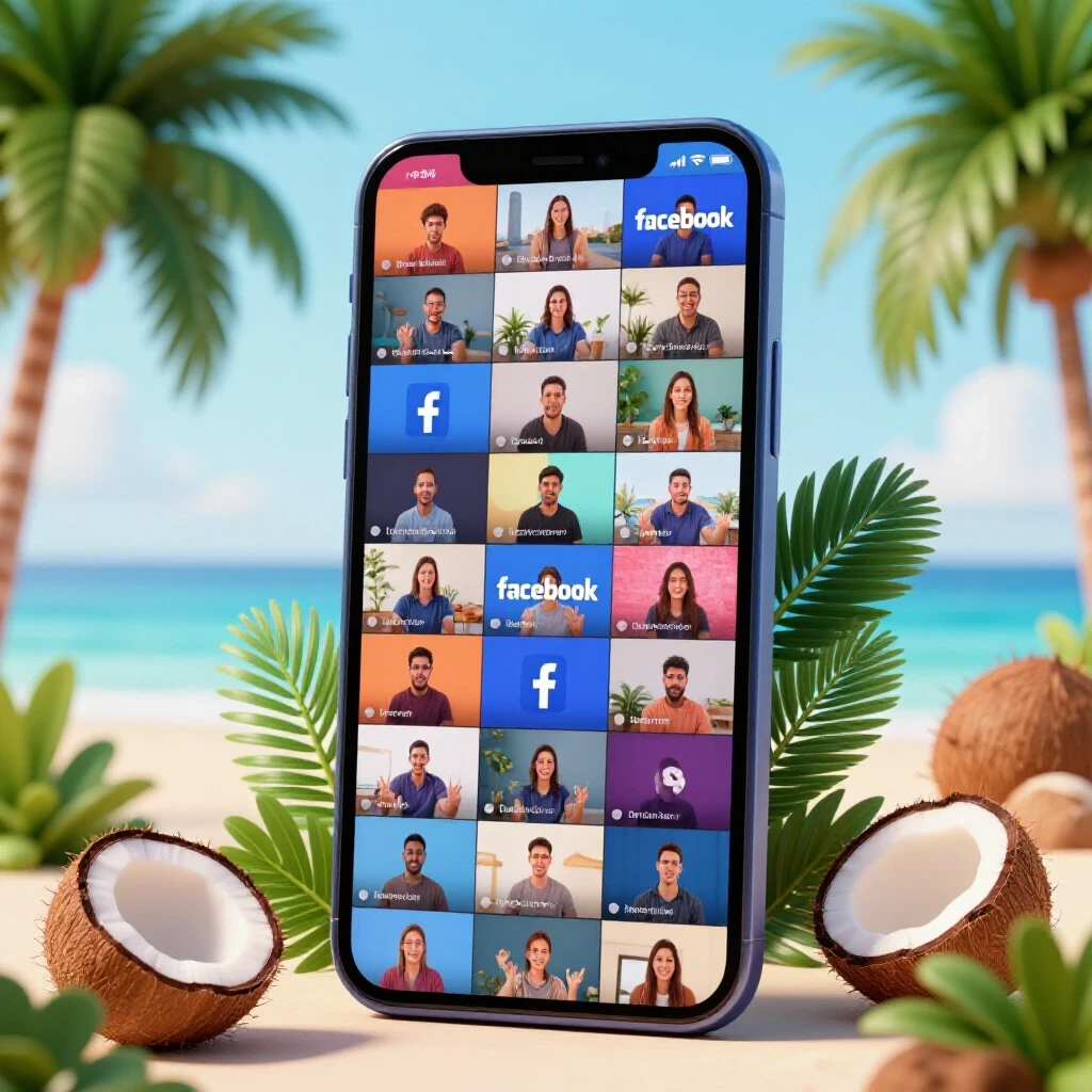 Oversized smartphone showcasing colorful video thumbnails, surrounded by palm leaves and coconuts, embodying Philippine tropical vibes.