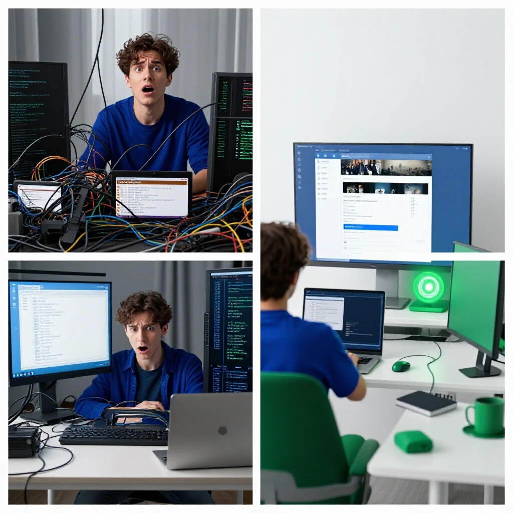 A split-screen image depicting a chaotic desktop on one side and an organized workspace on the other, showcasing movie downloading.