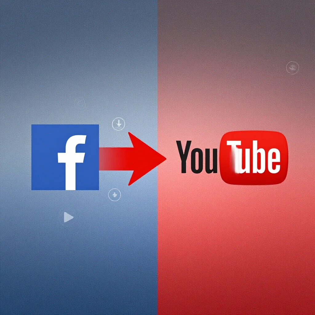 A split-screen design featuring a vibrant Facebook logo on one side and a dynamic YouTube logo on the opposite, with a gradient background and an arrow indicating transfer.