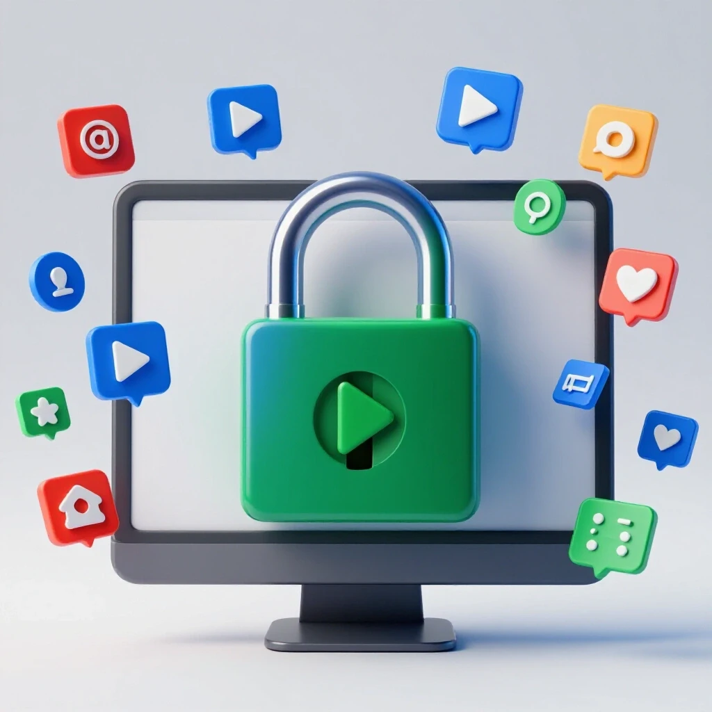 A 3D computer screen showing a padlock turning into a play button with social media icons around.