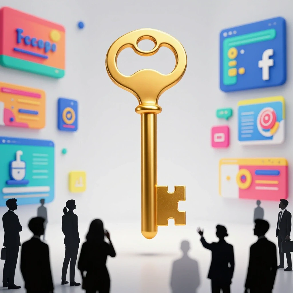 A golden key surrounded by colorful Facebook ad elements with silhouettes of Bangladesh entrepreneurs reaching for it.