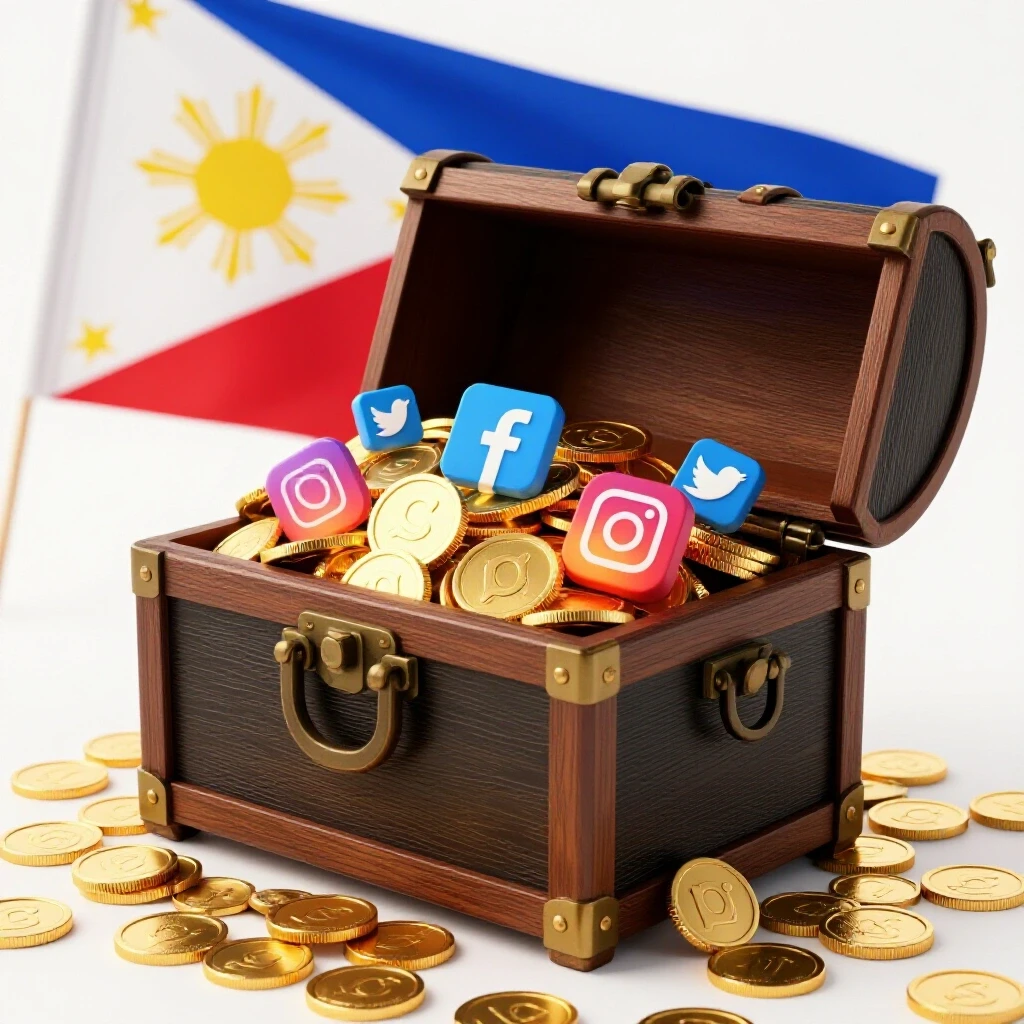 A treasure chest overflowing with gold coins and social media icons, set against the backdrop of the Philippine flag.