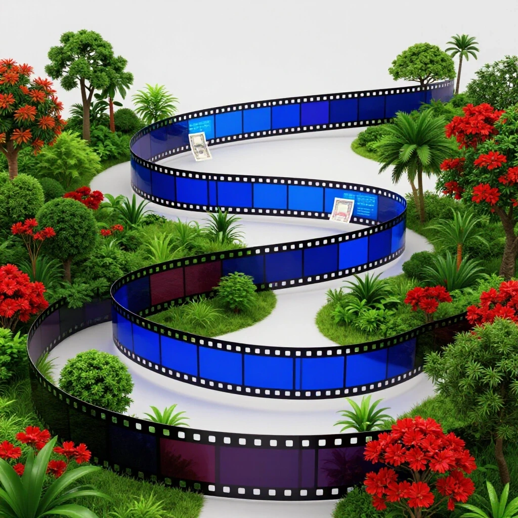 A vibrant film strip winding through a lush landscape in Bangladesh with digital icons and currency notes.