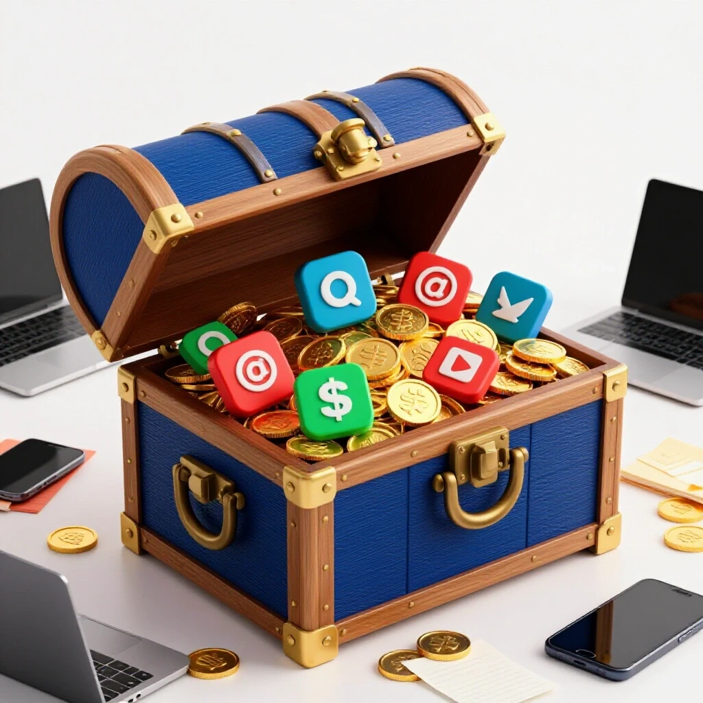 A treasure chest filled with gold coins and social media icons on a desk with digital devices, symbolizing wealth in consulting.