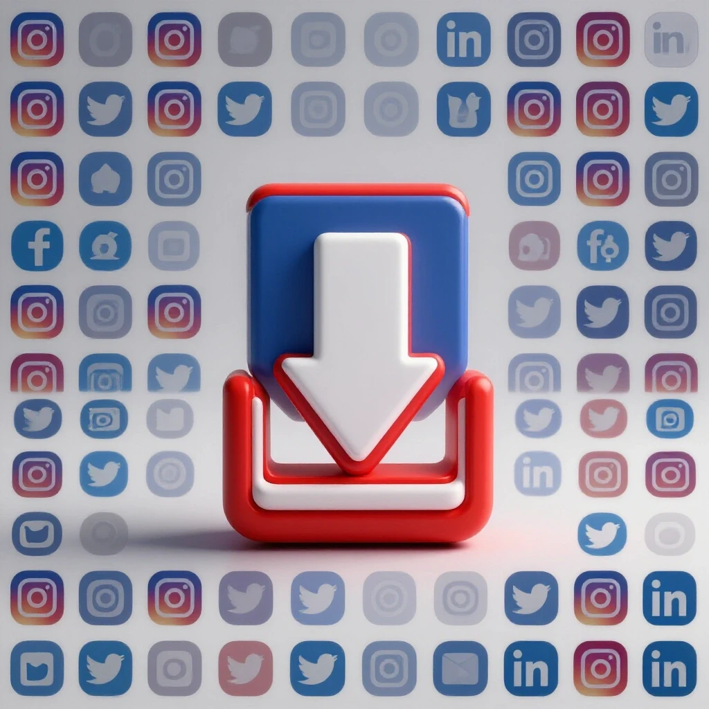 A large Facebook download button surrounded by smaller social media icons, set against a bright background.