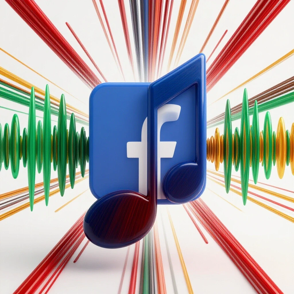 A vibrant 3D image of a music note transforming into a Facebook logo, surrounded by colorful sound waves.