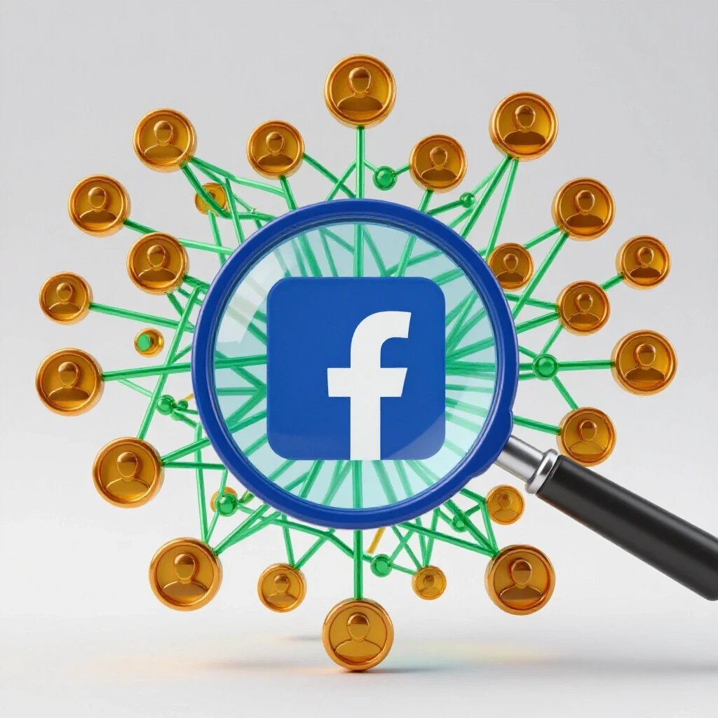 A magnifying glass highlights a web of social media icons, centering on Facebook's logo, against a bright background.