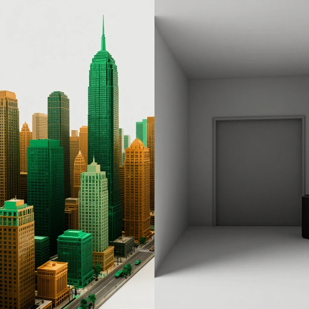 Contrasting image of a vibrant cityscape and a dull room representing echo chambers vs diverse viewpoints.