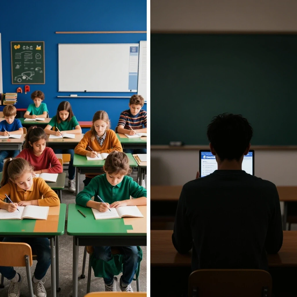 A split-screen image contrasting a vibrant classroom of engaged students with a dim room where someone scrolls Facebook.