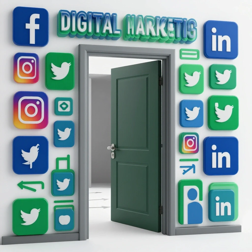 A vibrant doorway decorated with social media icons symbolizing easy entry into digital marketing.