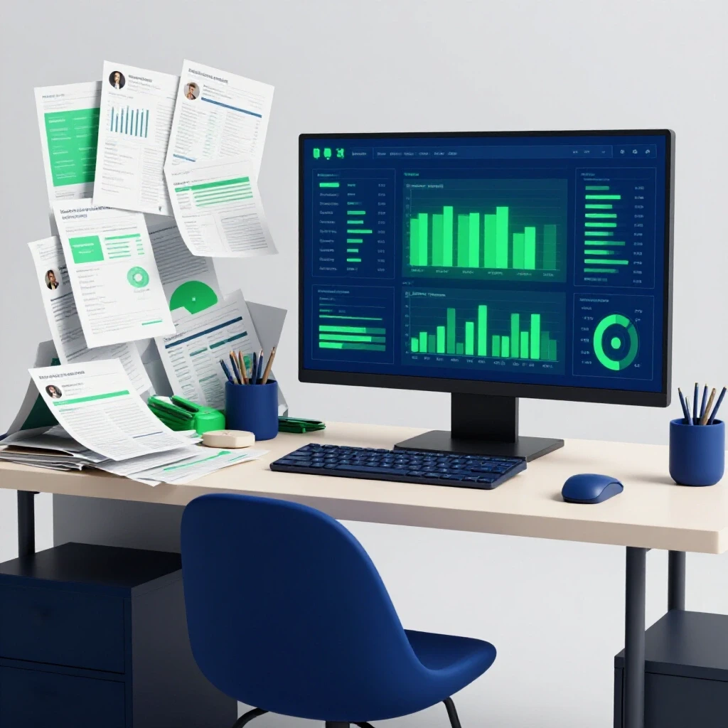 Visual contrast between a chaotic social media metrics desk and an organized digital dashboard showcasing insights.