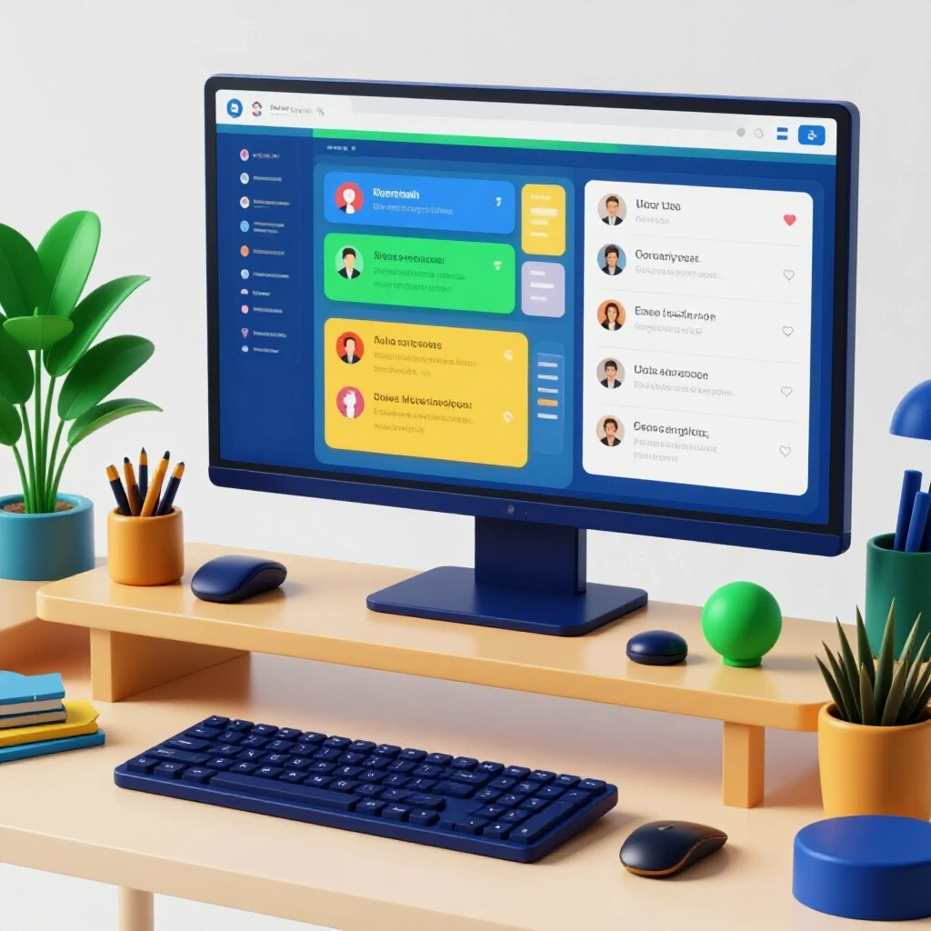 A vibrant workspace featuring a digital screen with colorful social media comments and a cluttered desk in the foreground.