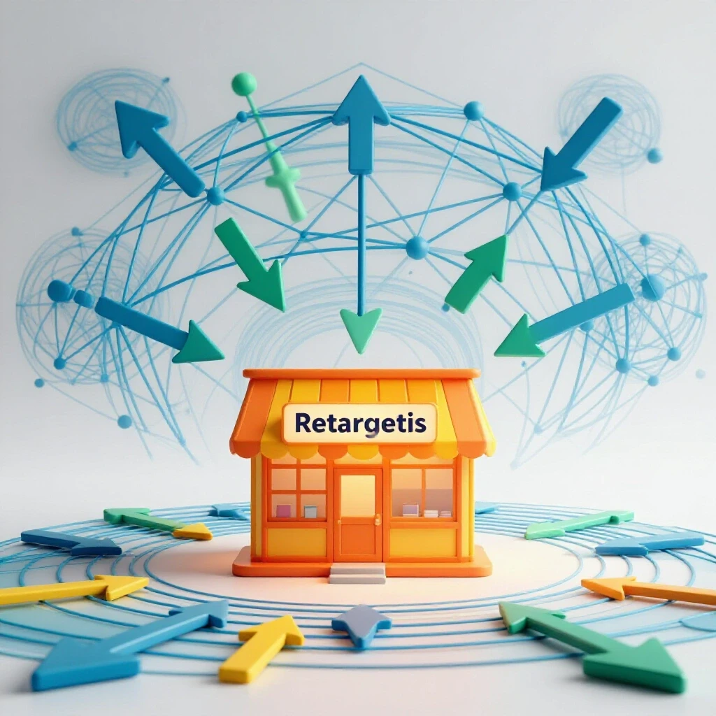 A vibrant storefront encircled by an abstract retargeting web with arrows, showcasing digital marketing strategies.