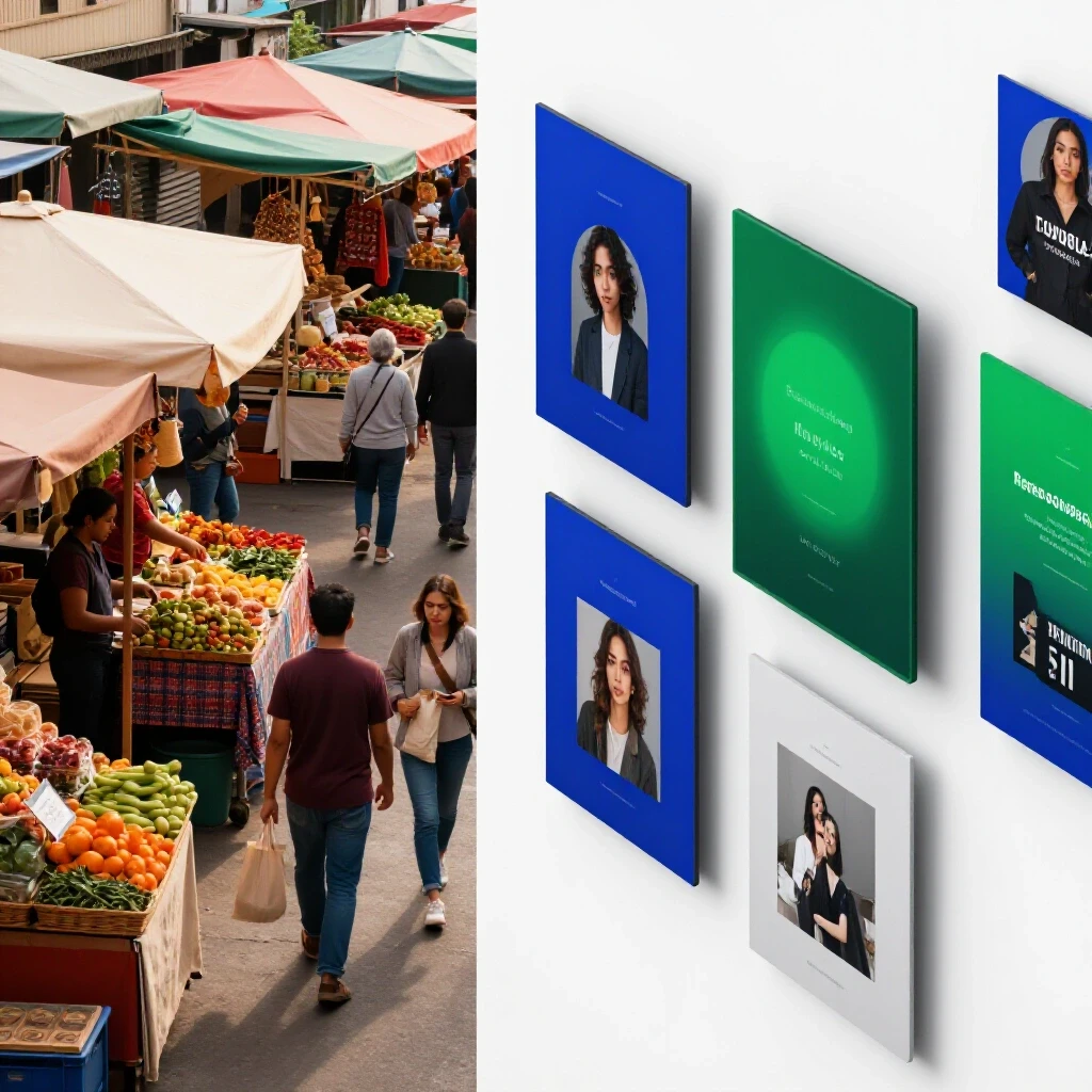 A vibrant local market on the left contrasted with a modern digital ad interface on the right, showcasing effective social ads for local businesses.
