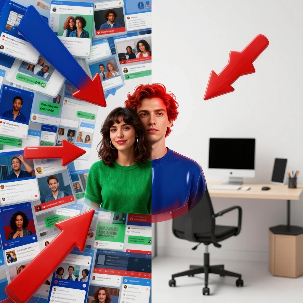 A visual representation contrasting a chaotic social media feed with an organized workspace, showcasing effective ad experiment strategies.