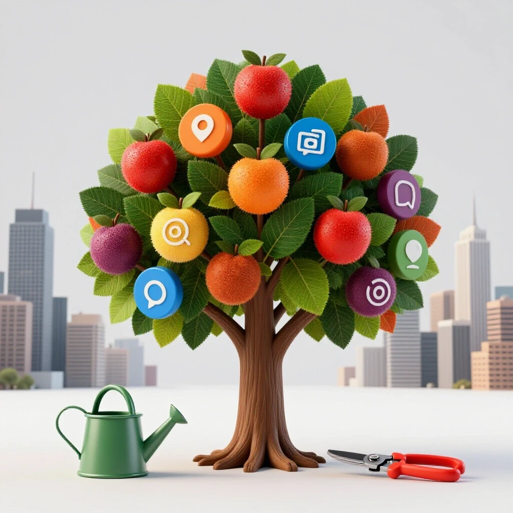 A vibrant tree with social media icon leaves surrounded by tools symbolizing growth against a city skyline background.