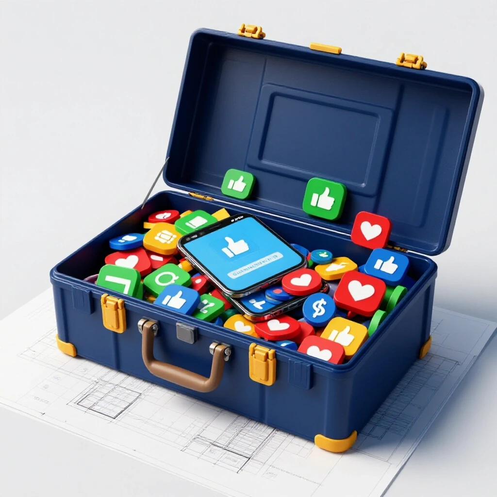 A vibrant toolbox filled with social media icons and a smartphone blueprint in a bright studio setting.