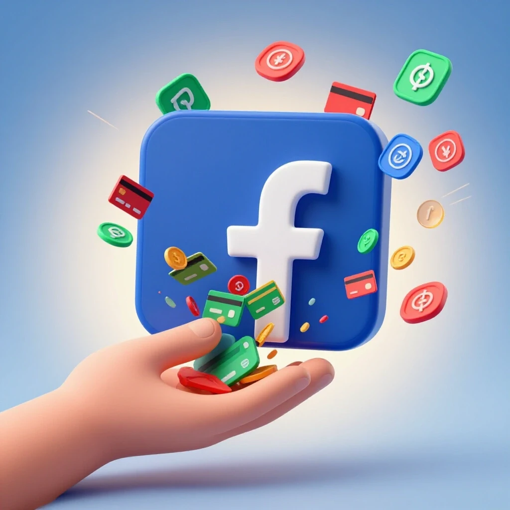A hand dropping colorful payment icons into a large Facebook logo on a light blue to white gradient background.