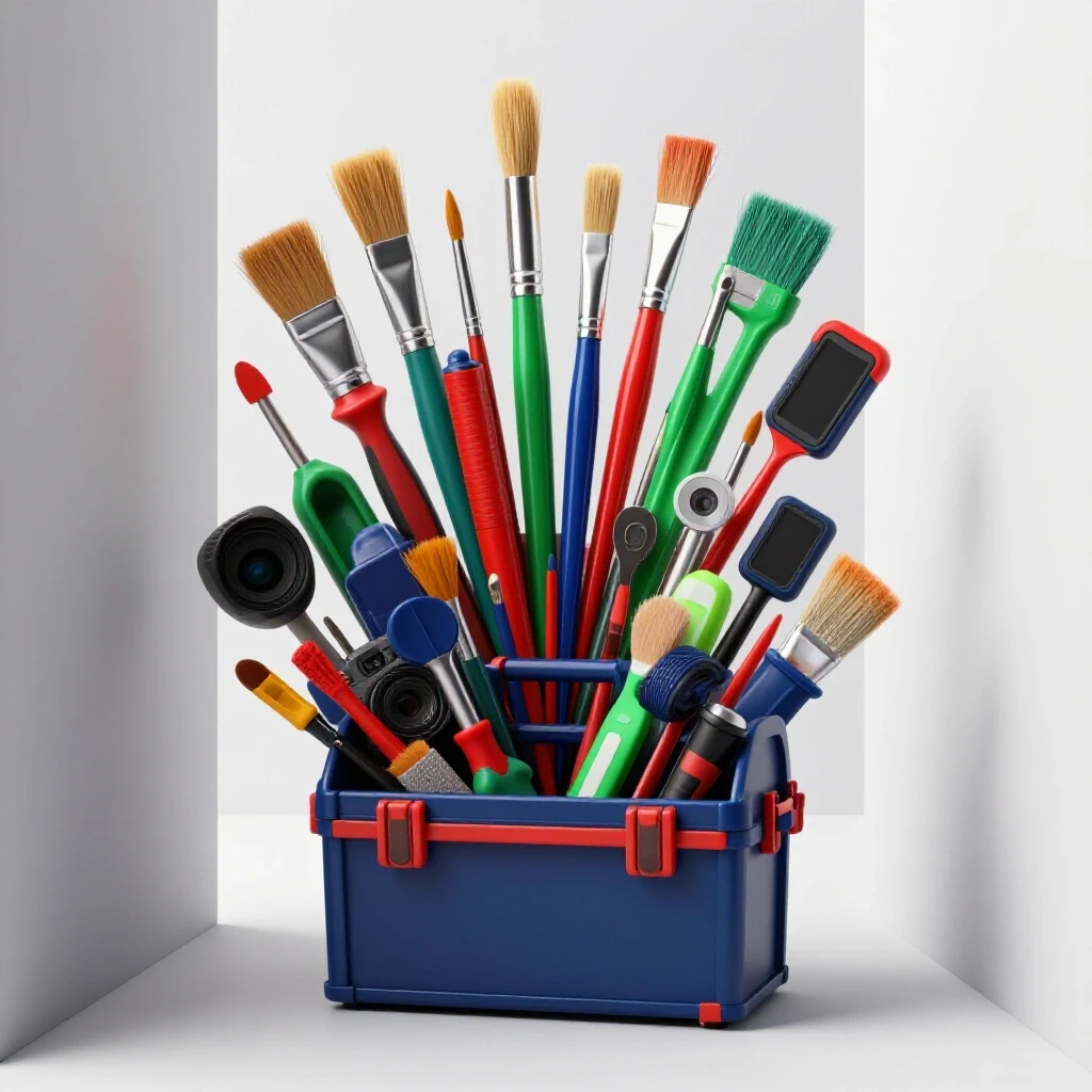A vibrant toolbox bursting with creative tools, symbolizing breakthrough in creative production.