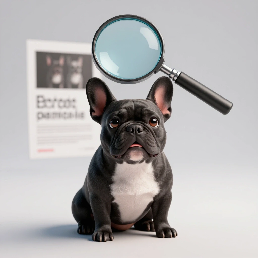 A playful French Bulldog with a magnifying glass over a blurry ad, symbolizing the fight against scam ads.