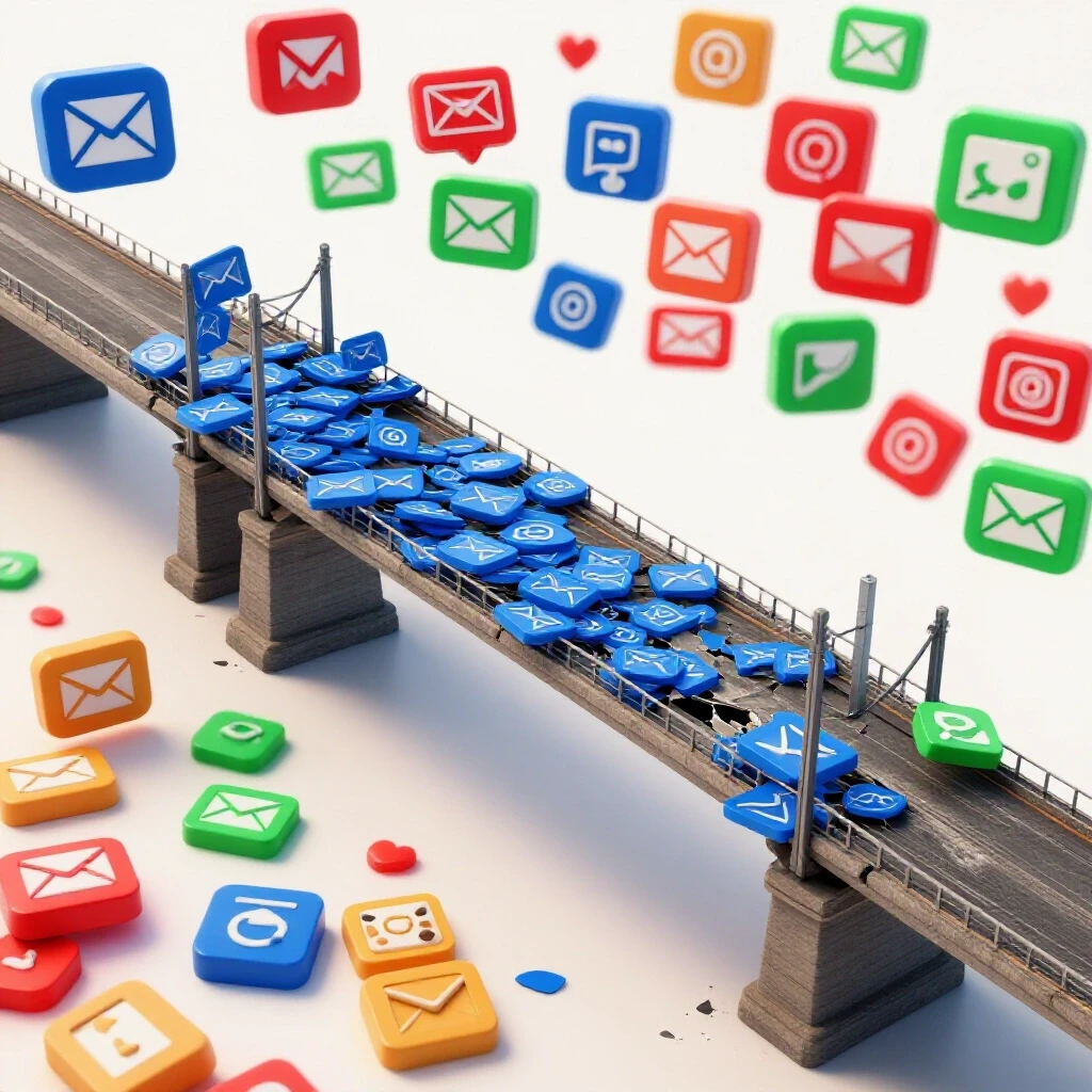A 3D-rendered image of a crumbling bridge made of email icons and vibrant social media logos, set against a bright background.