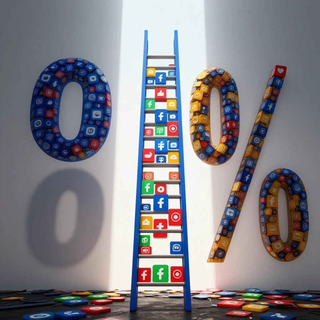 3D representation of a ladder made of social media icons leading to a bright sky, symbolizing growth in marketing.
