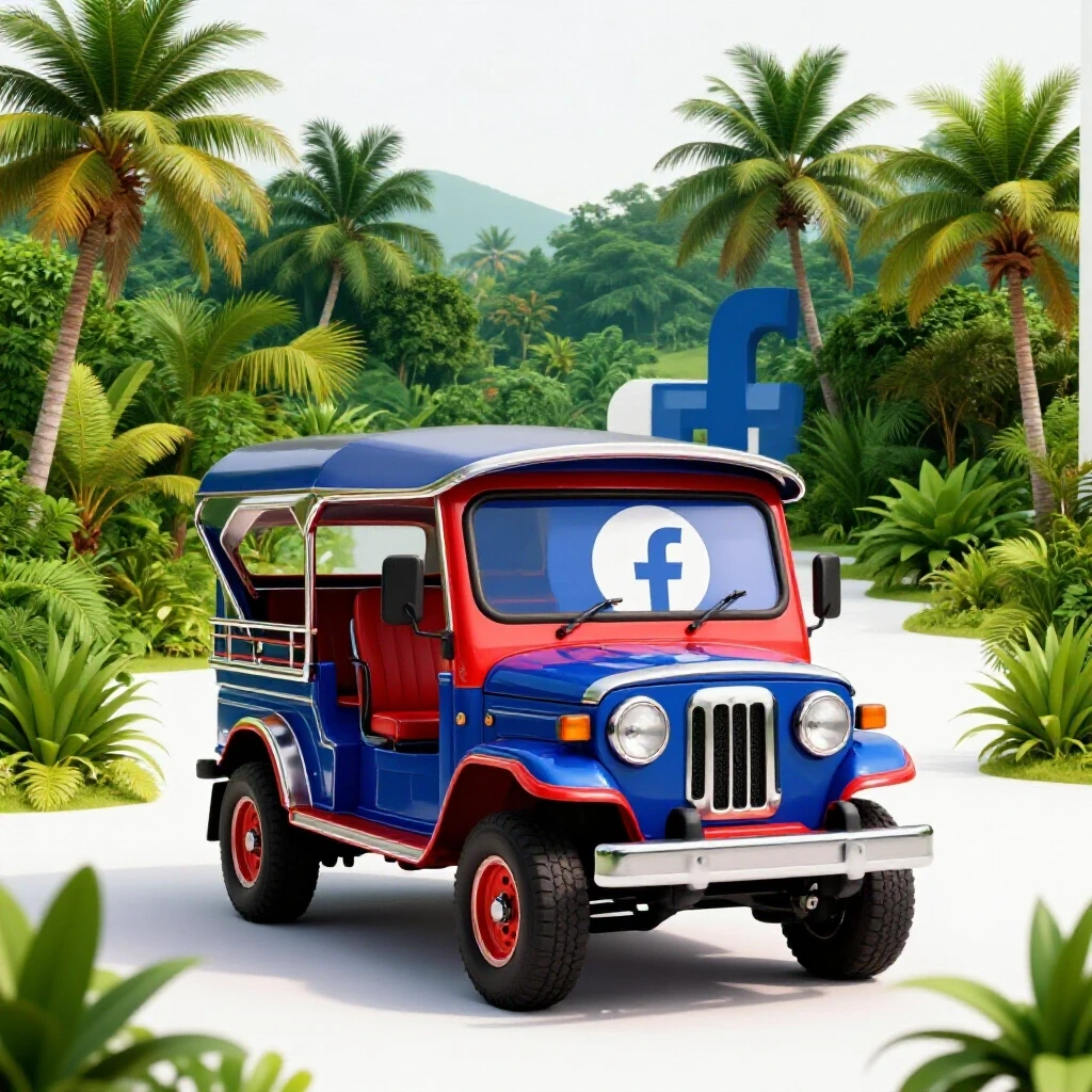 A vibrant Filipino landscape featuring a traditional jeepney with a large Facebook logo, symbolizing digital marketing success.