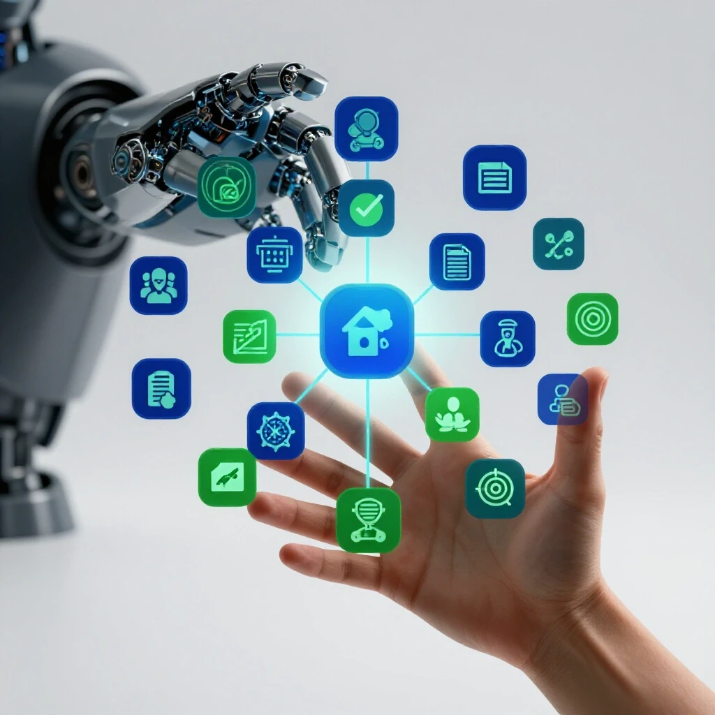 A human hand reaching towards glowing digital icons symbolizing marketing skills, with a robotic hand in the background.