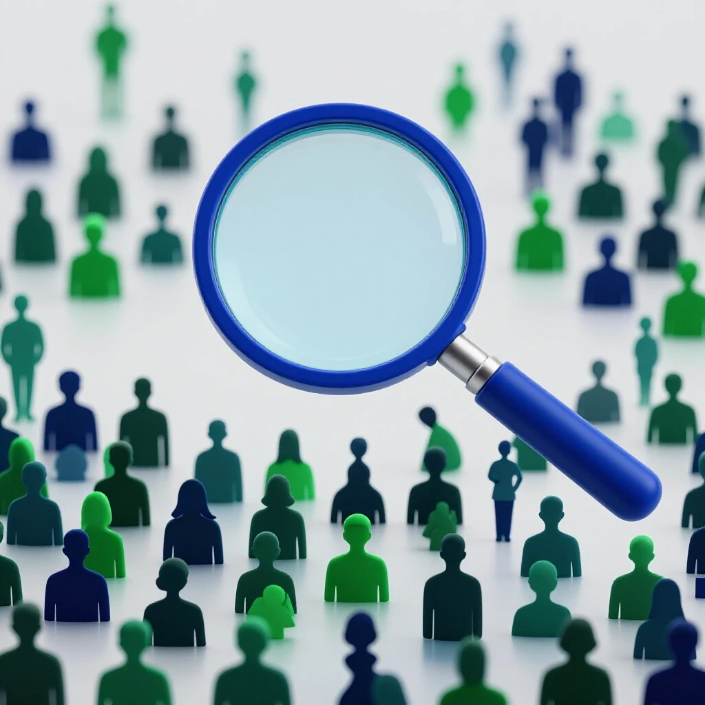 A magnifying glass over a colorful digital landscape representing diverse audience demographics.