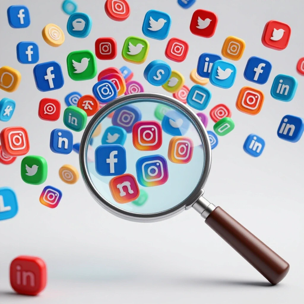 A magnifying glass over colorful social media icons, symbolizing evaluation of marketing tools.