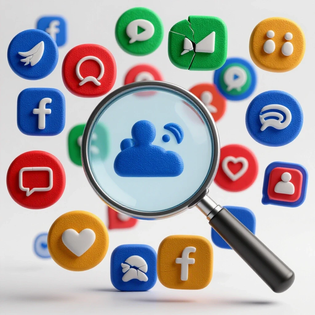 A magnifying glass over vibrant and faded social media icons demonstrating performance evaluation.
