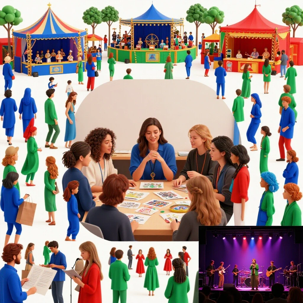 A vibrant collage showcasing a festival, workshop, and concert, highlighting dynamic event promotion ideas.