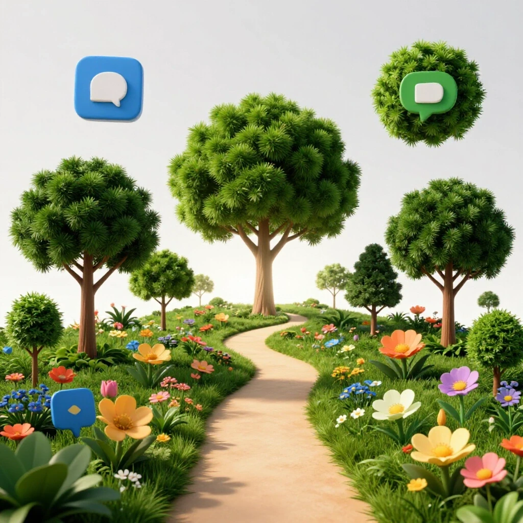A lush green landscape with a winding path and vibrant flowers symbolizing social media growth and ROI.