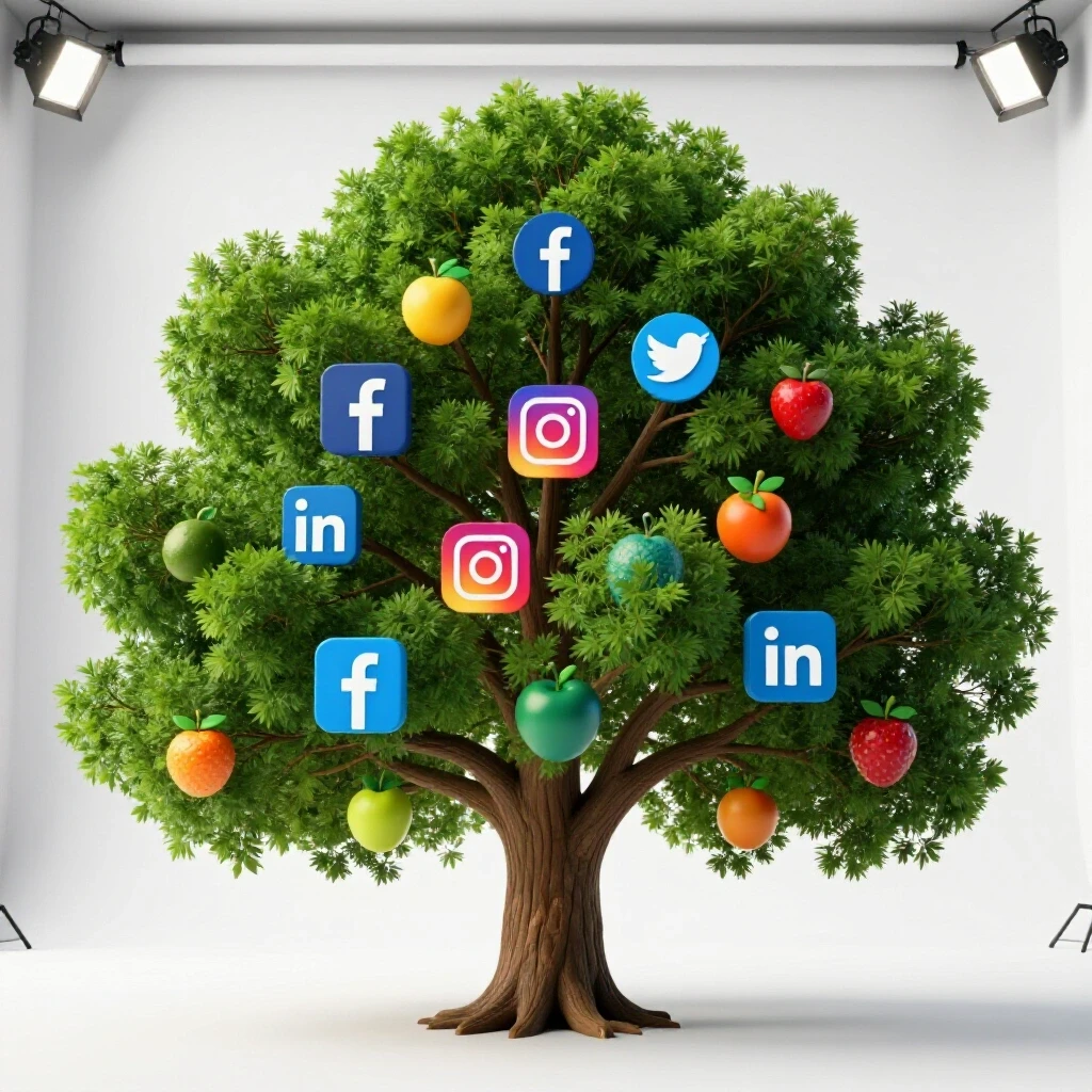 A lush green tree with colorful social media icons as fruits, symbolizing growth and engagement in a bright studio environment.