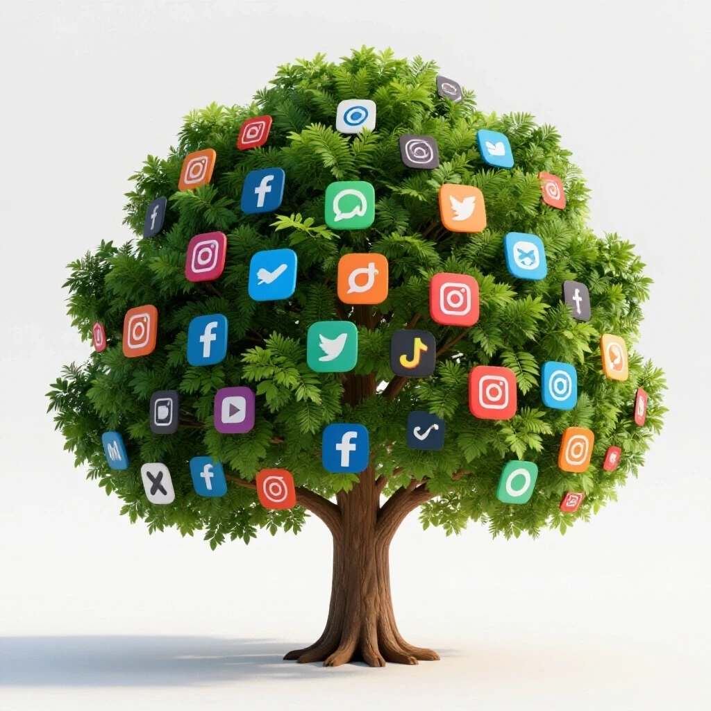 3D-rendered image of a tree with colorful social media logos as leaves, symbolizing evergreen campaigns.