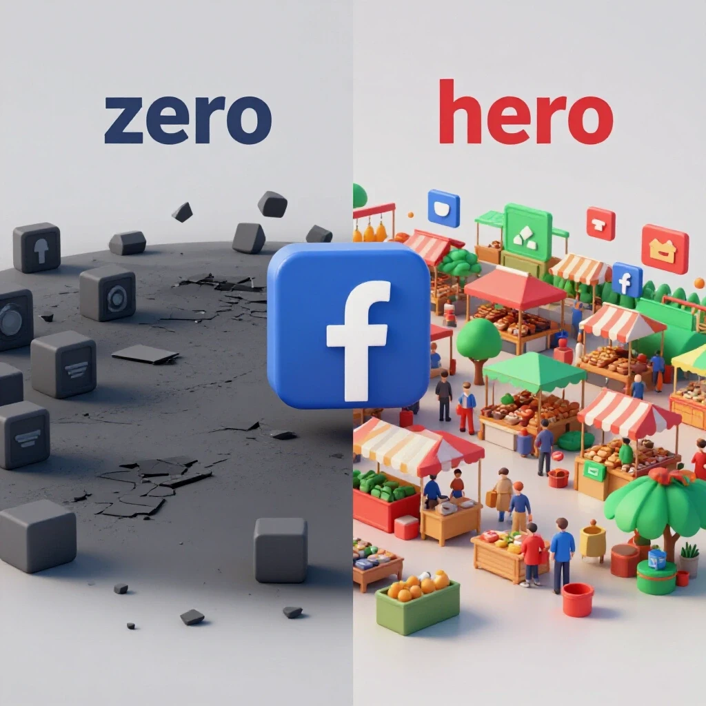 A split-scene illustrating the evolution of Facebook Ads in Bangladesh, from a dull digital landscape to a vibrant ad marketplace.