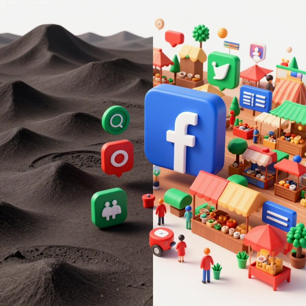 Illustration showing the contrast between a barren landscape and a vibrant marketplace filled with social media icons, representing the evolution of Facebook ads.