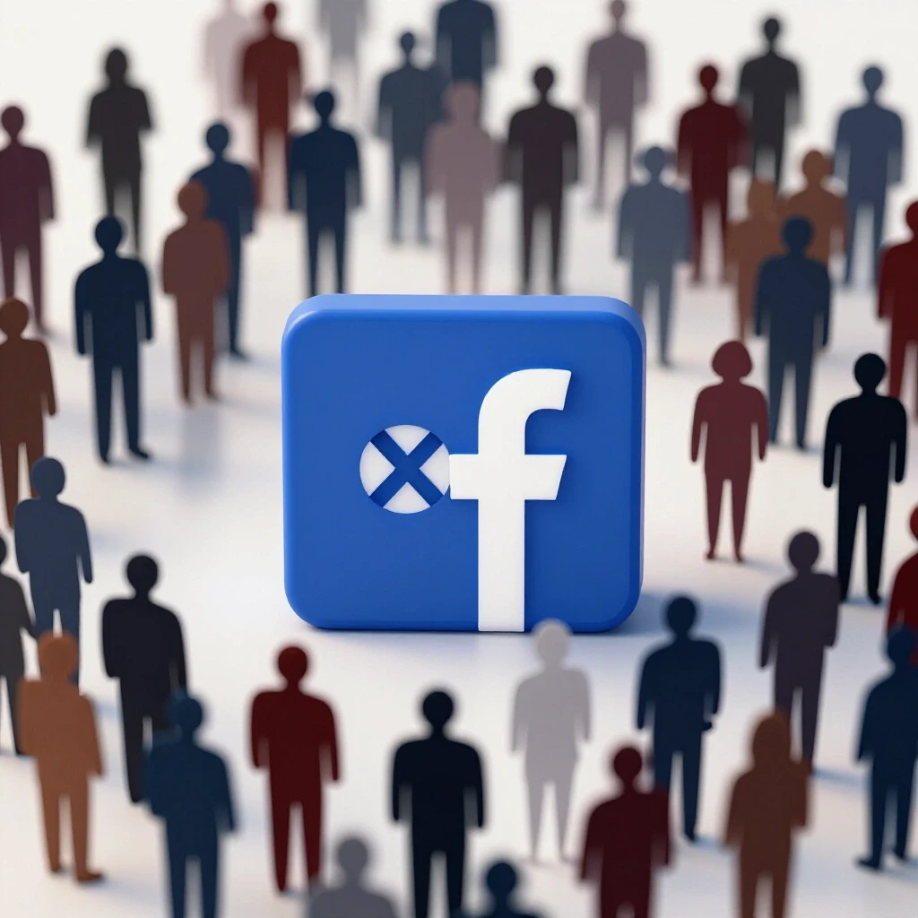 Vibrant Facebook logo with crossed-out eyes, surrounded by shadowy silhouettes representing followers.