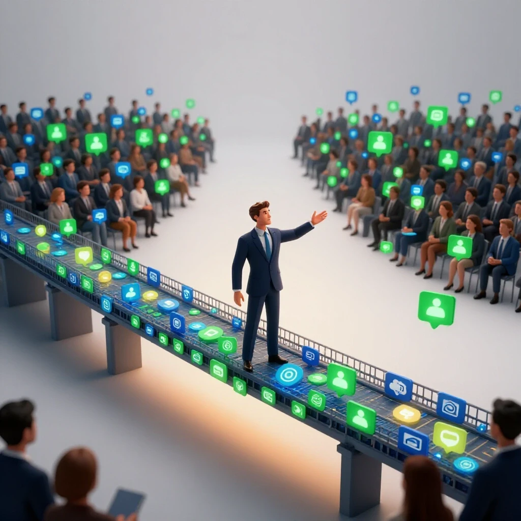 An executive stands on a bridge of social media icons, reaching out to an audience in a vibrant digital landscape.