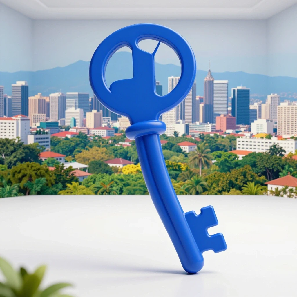A large ornate key shaped like a Facebook logo in bright color against a Philippine city skyline.