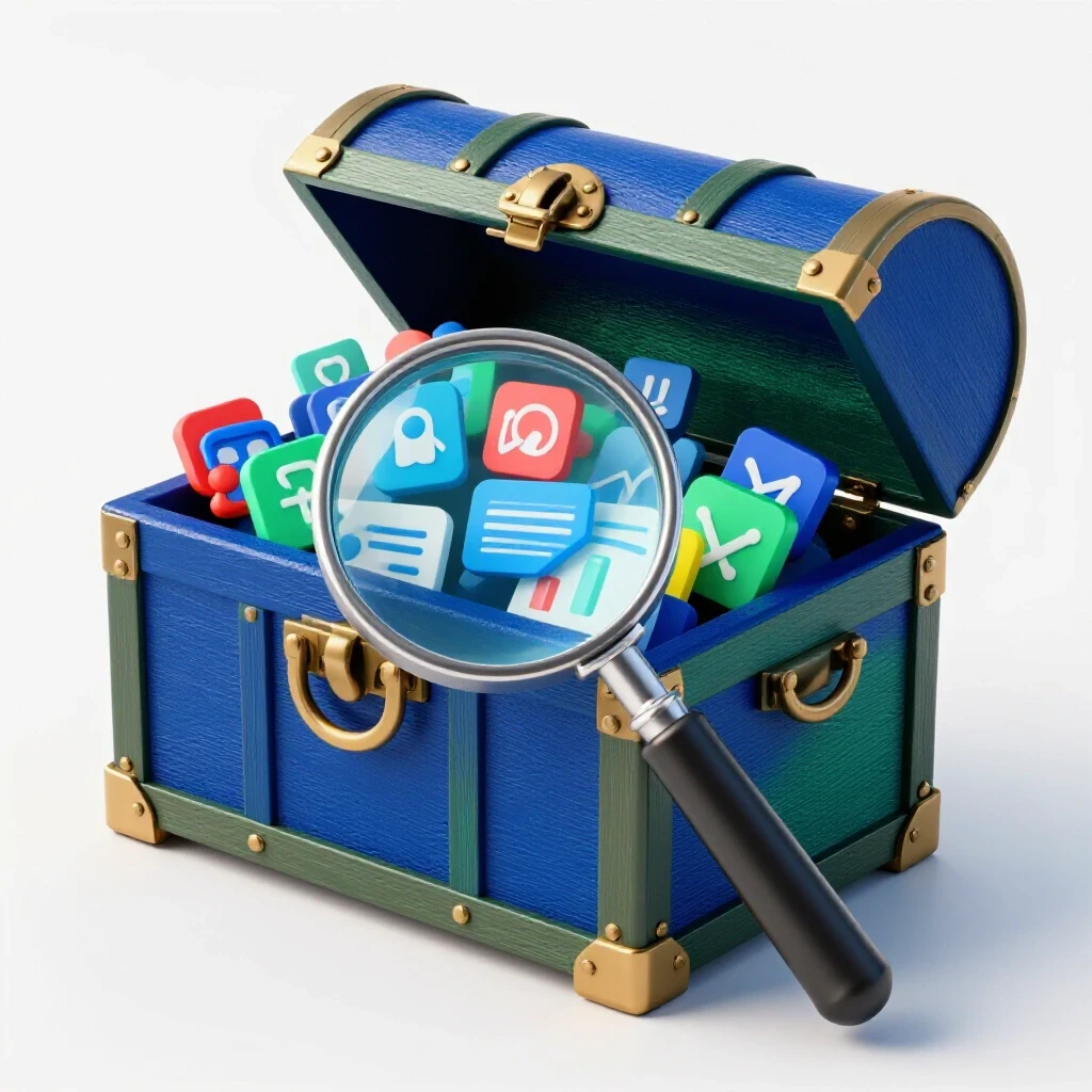 A magnifying glass inspecting a treasure chest overflowing with colorful digital ad icons against a bright background.