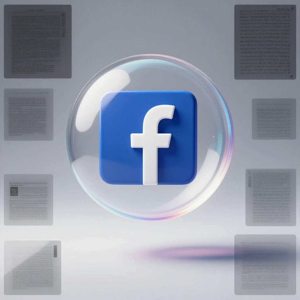 A colorful Facebook logo in a transparent bubble, surrounded by muted gray ads, symbolizing ad inactivity vs. potential.