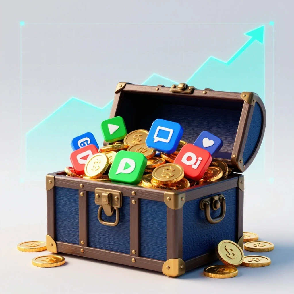 A treasure chest overflowing with colorful social media icons and gold coins, symbolizing unlocking ROI potential in Facebook ads.