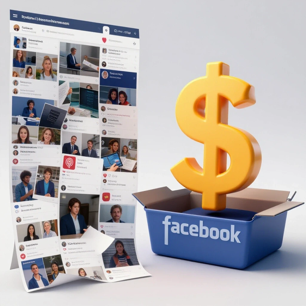 A split-screen image showcasing a cluttered social media feed on one side and a bright dollar sign from an open Facebook logo on the other, symbolizing revenue potential.