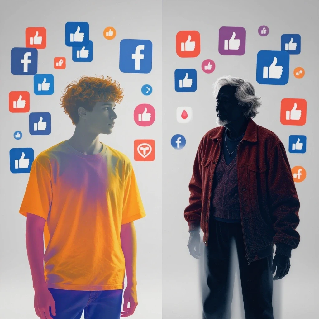 Split-screen image with youthful and older silhouettes representing Facebook ad click rates, themed with engagement icons and a bright background.