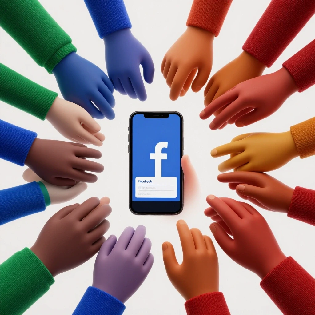 A vibrant 3D scene showing diverse hands reaching towards a smartphone displaying a Facebook ad, symbolizing engagement by age group.