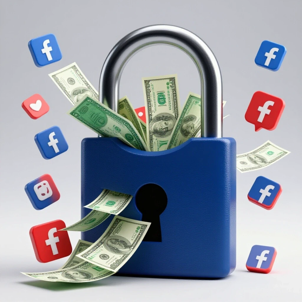 A visually striking closed padlock with colorful dollar bills and Facebook icons spilling out, representing ad credit savings.