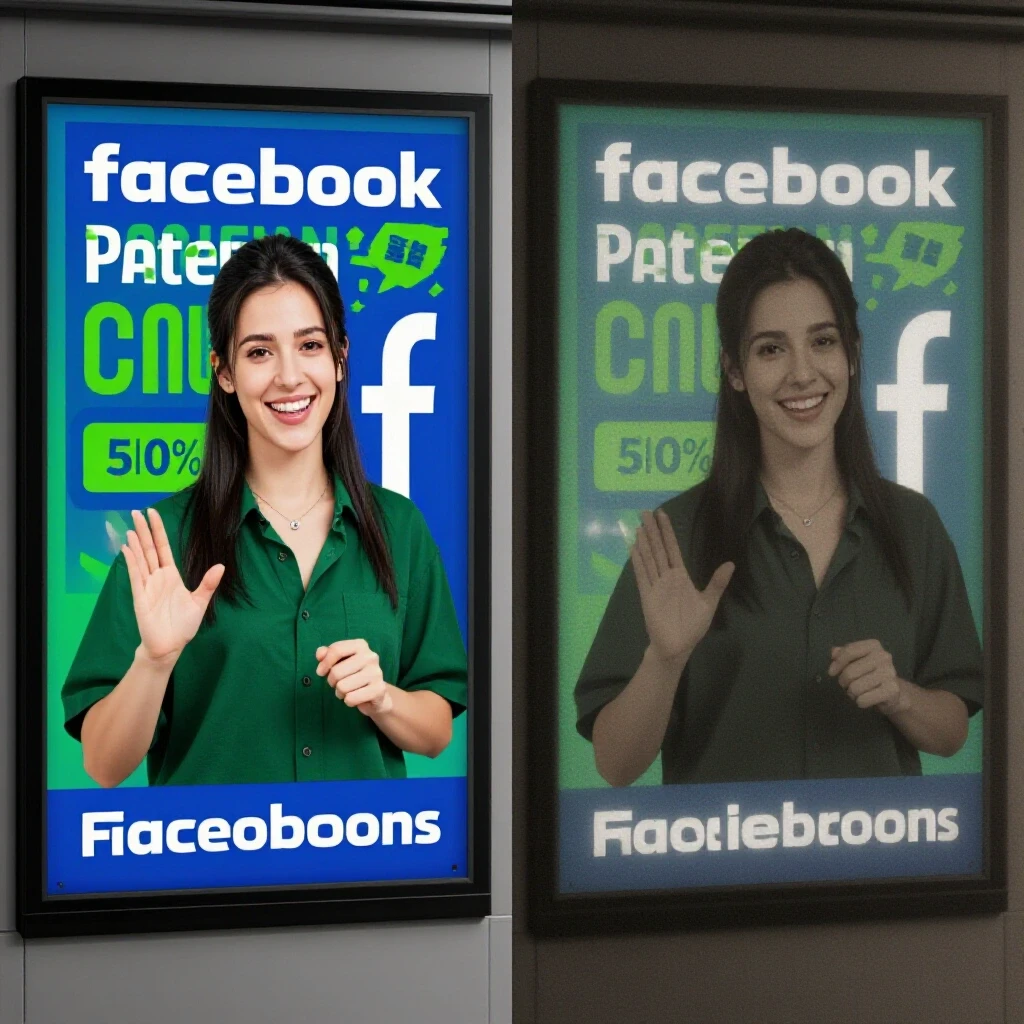 A split-image contrasting a vibrant, compliant Facebook ad with a dull, non-compliant version, showcasing the differences clearly.