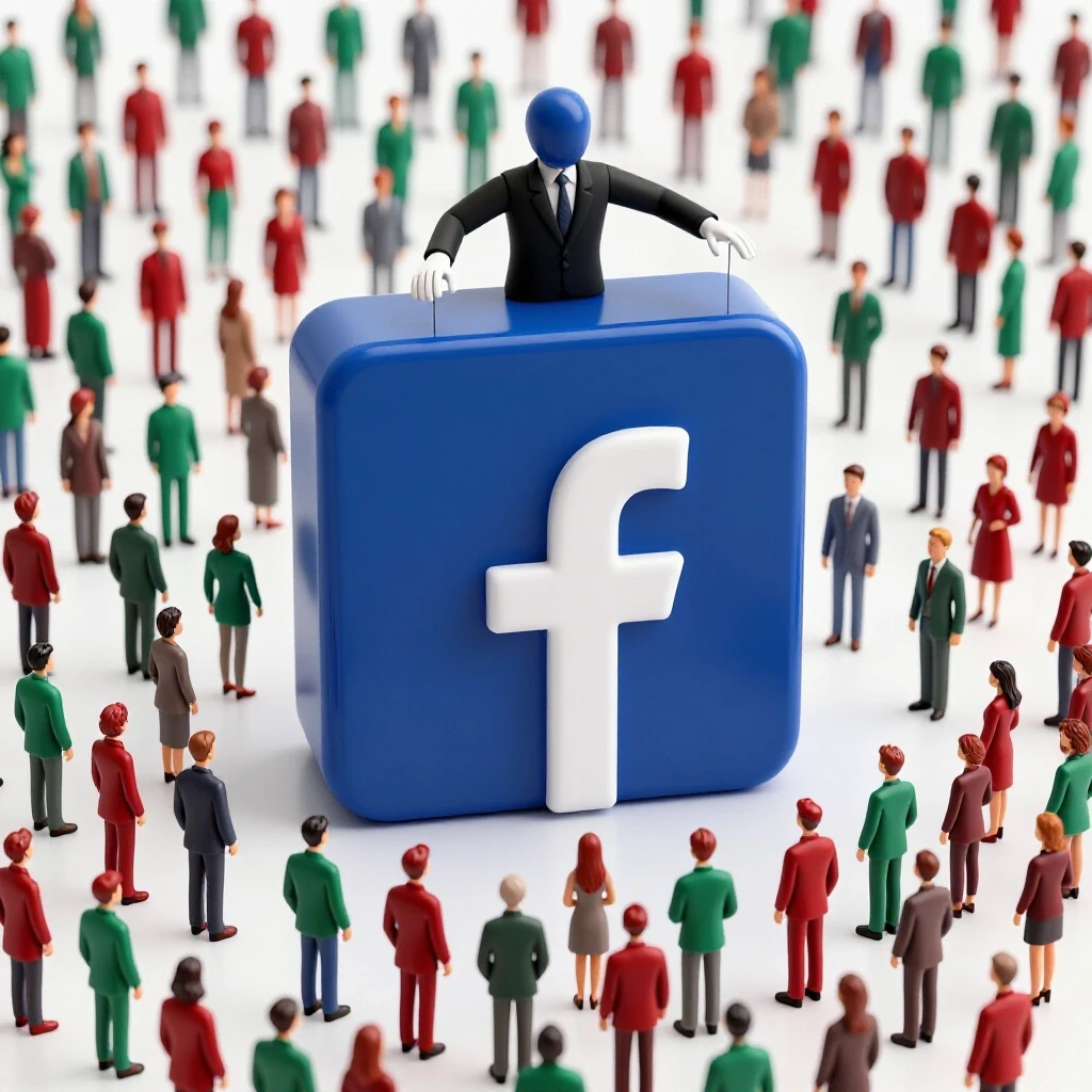 A striking 3D image of a giant Facebook logo controlling miniature consumers, symbolizing ad influence.